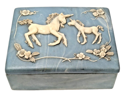 Vintage Unicorn Blue White Incolay Stone Box Hinged Jewelry Former Music Box