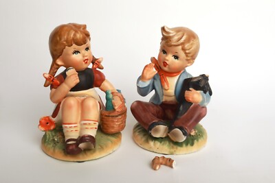 Pair of Enesco ''Picnic/Umbrella'' large size figurines Hummel-like