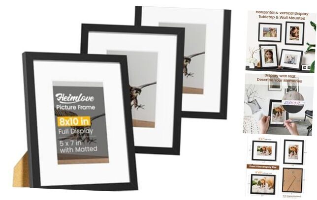 8x10 Picture Frames Set of 3 with Mat to Display 8x10 mat to 5x7 3 Pack(Black)-image