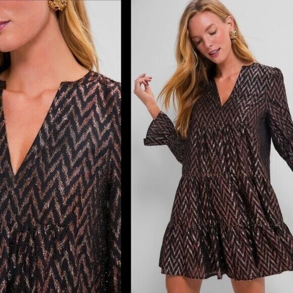 Mini Abito Pomander Place NUOVO Metallizzato Ikat Kenzo Manica Lunga Relaxed Fit Taglia L