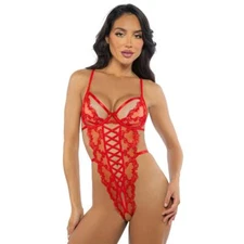 Heart Lace Teddy Underwire Plunge Cups Peek A Boo Crotchless High Cut Red LI717