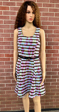 My Michelle Dress Pinstripe Abstract Floral Fit and Flare Belted Dress Sz S 7