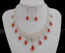 Rhinestone Silver Crystal Teardrop Red Heart Prom Wedding Necklace Earrings Set