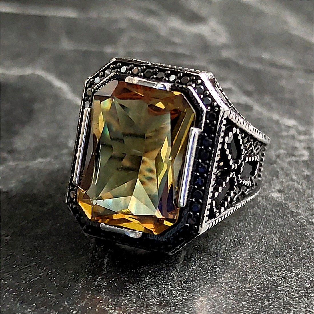 Men Square Zultanite Color Gemstone Silver Ring Changes Color in The Sun  Stone - Main Image