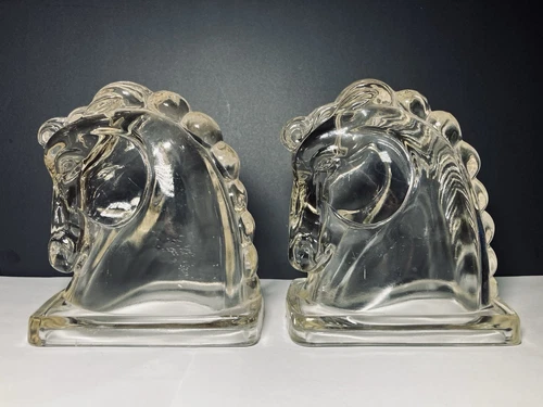 Set of 2 Vintage Federal Glass Clear Horse Head Bookends