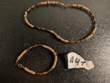 Boho Wood Brass Bead Jewelry Set Necklace Bracelet - Earthy Tribal Style