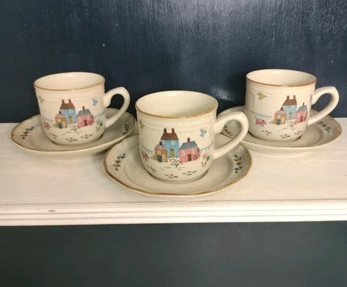 Vintage International Stoneware Heartland Coffee Cups & Saucers 7774 Lot of 3