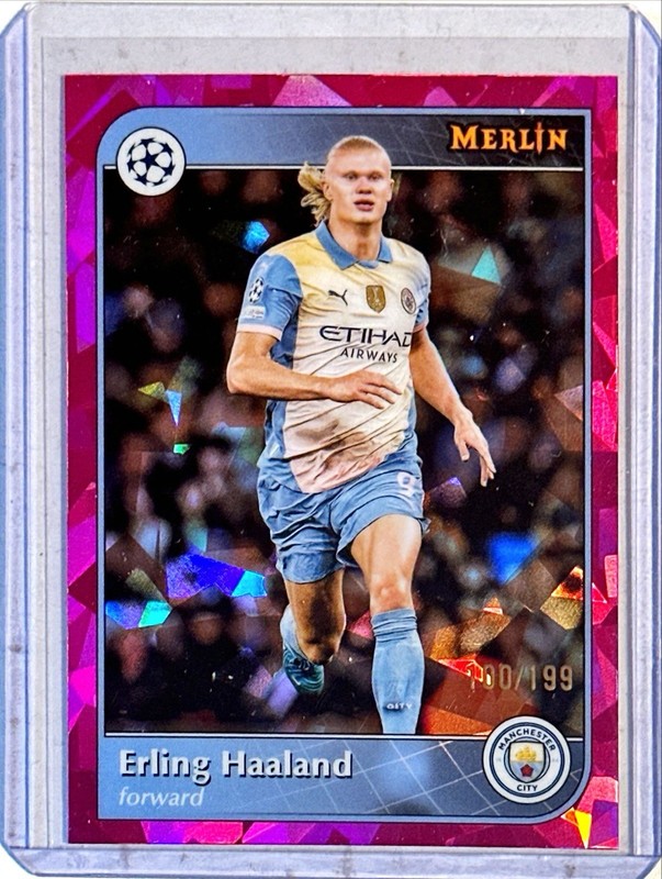 Erling Haaland 2024-25 Topps Merlin UCL Pink Ice Refractor #73 100/199 Man City