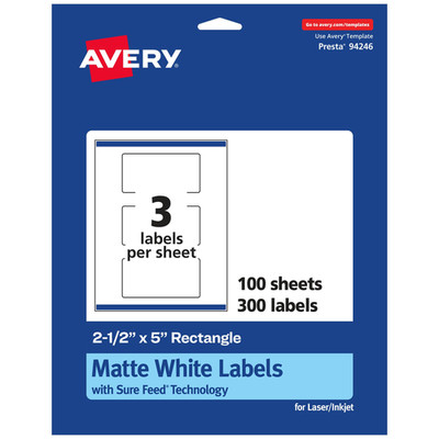 Avery Matte White Rectangle Labels Sure Feed Technology 2.5 X 5 300 Matte White