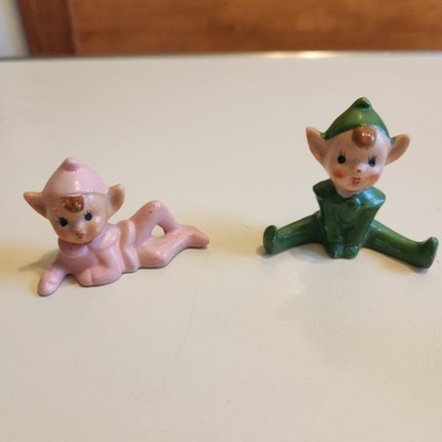 2 Miniature Elf Pixie Figurines Hand Painted Green and Pink Ceramic Vtg 50's