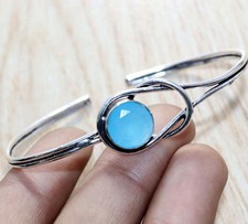 925 Silver Plated Blue Chalcedony Bangle 7" Independence Day Sale Trendy JW