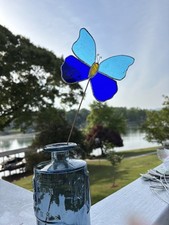 Stained Glass Blue Butterfly Sun catcher garden stake