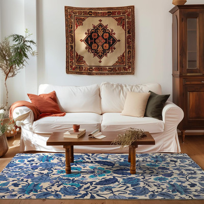 Celtic Blue Boho Floral 5x7 Washable Area Rug for Stylish Home Decor