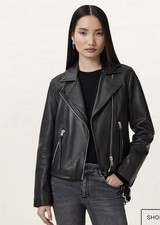 Image of NEW AllSaints Dalby Slim Fit Black Leather Jacket Size 10/12