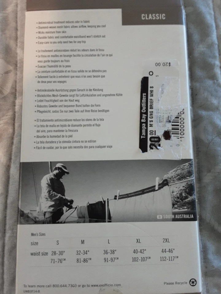 ExOfficio Give-N-Go быстрой сушки путешествий бриф - мужской размер маленький новый с Ярлыками белый - Изображение 2 из 2