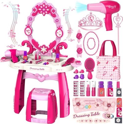 Kids Vanity Table and Chair Set with Light Up Mirror Music Pretend Play Dress Up