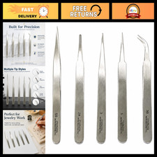5-Piece Precision Tweezers Set - Stainless Steel, Curved, Heat Resistant for Jew