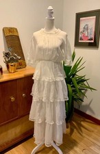 Antique 1910s Edwardian White Cotton Dress Lace Trim Tiered Ruffles Vintage Lawn