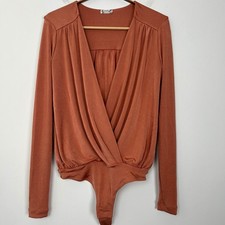 Free People Intimately Turnt Bodysuit Rust Orange Long Sleeve Ruched Size XS