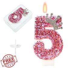 Pink Crown Birthday Candle Cake Topper - Number 5 Glitter Sequins Party Decor