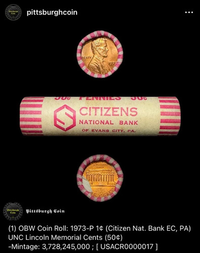 OBW Coin Roll 1973 1C Lincoln Cents 50C Face Value Citizens National Bank PA - Picture 2 of 2