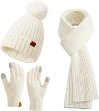 Coolprince Womens Long Scarf Gloves and Hat Set Cold Weather One Size, White 