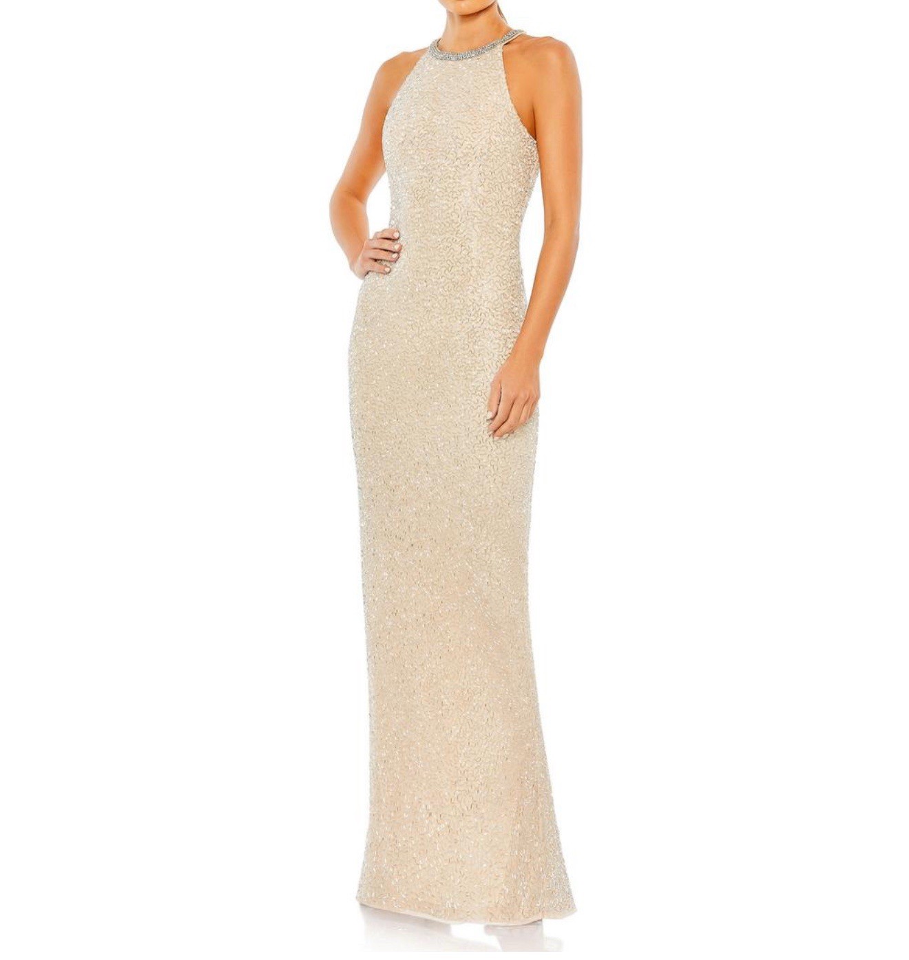 Mac Duggal Nude/ Beige Beaded Sleeveless High Neck Column Gown Size 10 New