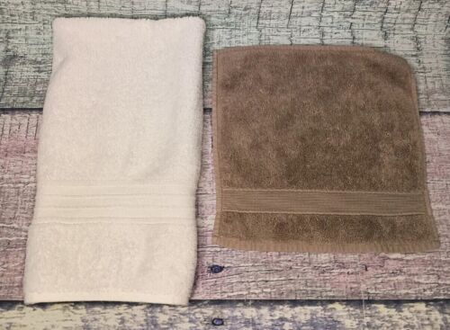 POTTERY BARN Turkish White Hand Towel  17" x 27.5" & 11" x 11" Tan Washcloth - Picture 1 of 18