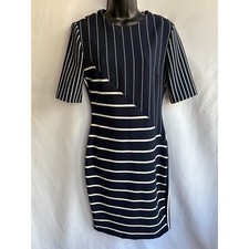 Zara Navy Blue Striped Asymmetrical Midi Bodycon Sheath Dress Classy Cocktail M