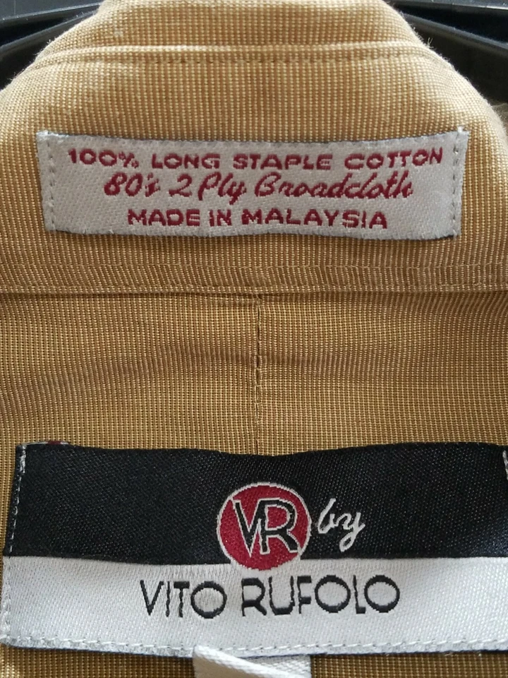 Camisa de vestir Vito Rufolo para hombre VR abotonada algodón tela ancha talla 17 34-35 beige Foto 4 de 4
