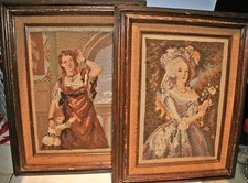  DROP Cross Stitch Framed PAIR of Vintage Ladies, 14X18" Frames S   Pics 