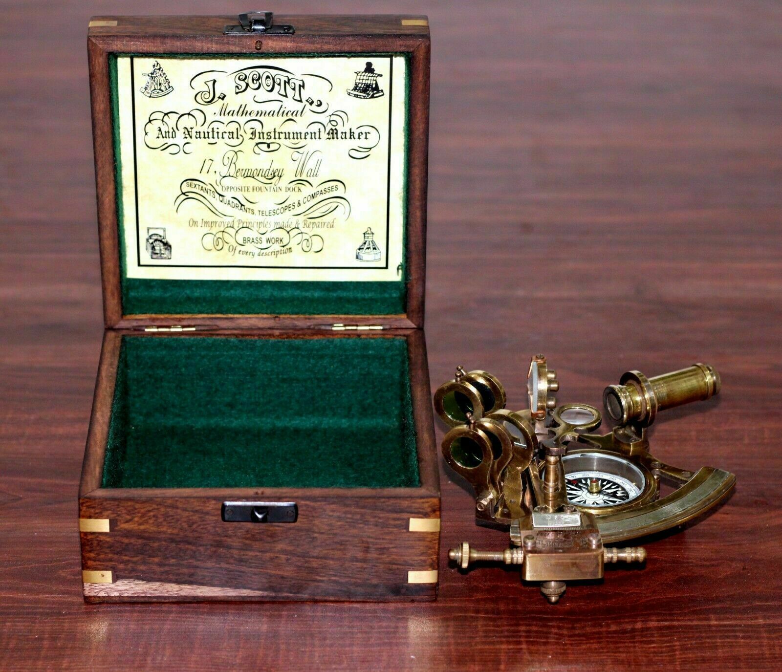 ANTIQUE WORKING VINTAGE NAUTICAL GERMAN MARINE BRASS SEXTANT WITH WOODEN BOX