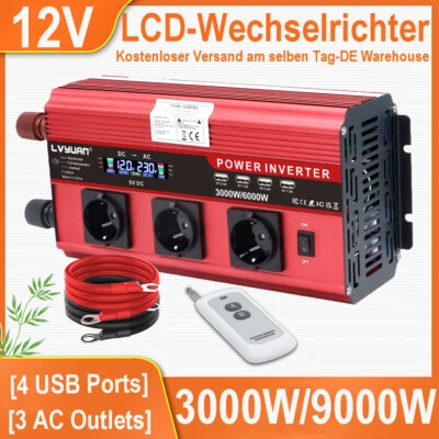 LVYUAN 3000W 6000W Spannungwandler 12V auf 230V Wechselrichter 4USB 3AC Fernbedienung