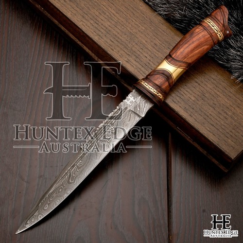 HUNTEX Handmade Damascus Blade, Rosewood Handle, 330 mm Long Bushcraft Knife - Picture 2 of 12