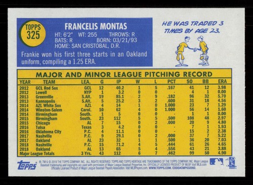 2019 Topps Heritage Frankie Montas #325 Oakland Athletics Baseball Card - Picture 2 of 2