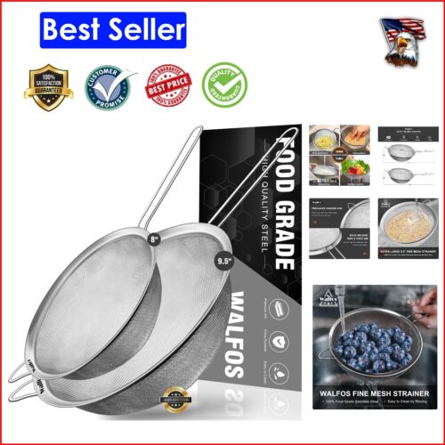 Durable Steel Mesh Strainers for Cooking - 2-Piece Set (9.5", 8") with Handle