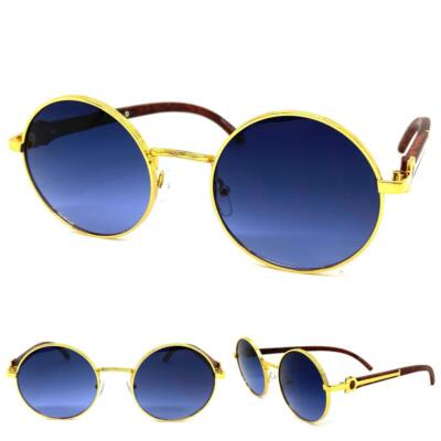 Classy Elegant Retro Hip Hop SUN GLASSES Round Gold & Faux Wood Frame Blue Lens