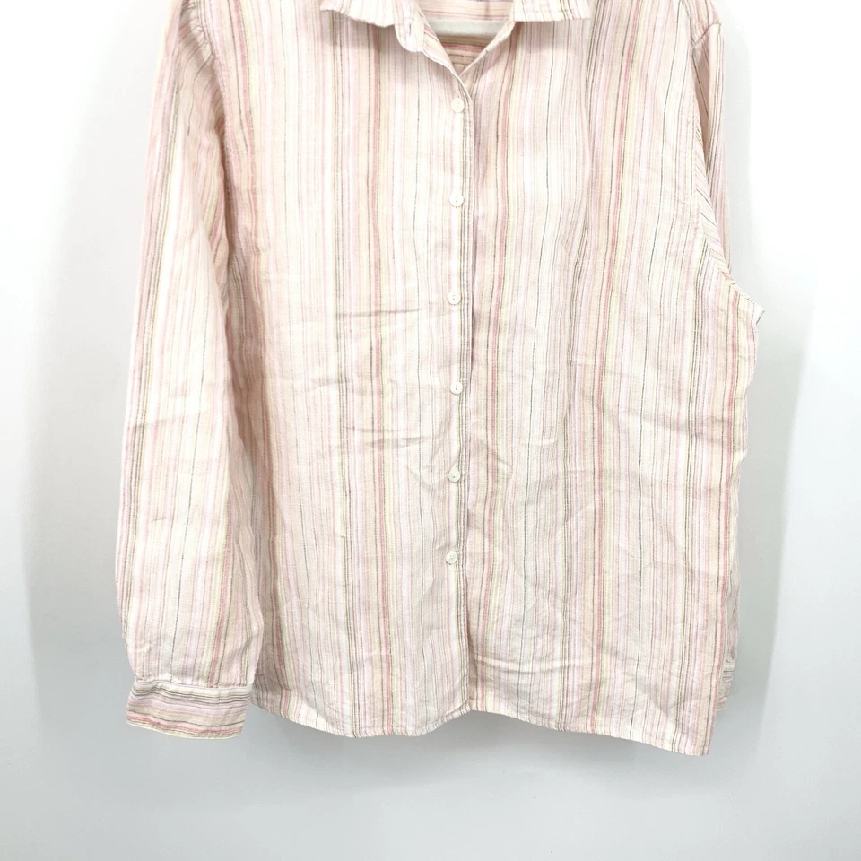Camisa feminina LL Bean tamanho XL com botões 100% linho listrada rosa manga longa - Imagem 3 de 4