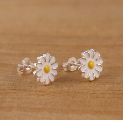 Massive 925 Sterling Silber Gänseblümchen Blume Emaille Ohrstecker Geschenk verpackt