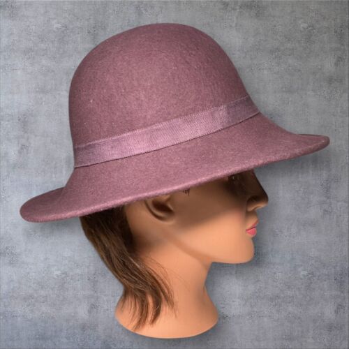 Fedora Hut aubergine lila 100% Wollfilz schwarz Federdetail Band - Bild 4 von 7