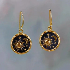 SUN MOON  STARS GOLD RHINESTONE DANGLE EARRINGS with FRENCH HOOP HOOKS WICCAN