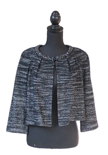 St John Couture Knit Suit 10 Evening Highwaist Skirt Beaded Jacket Black Silver - Picture 10 of 11