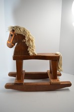 Vintage Wooden Rocking Horse Handmade Folk Art Yarn Mane Tail Rustic Child Decor
