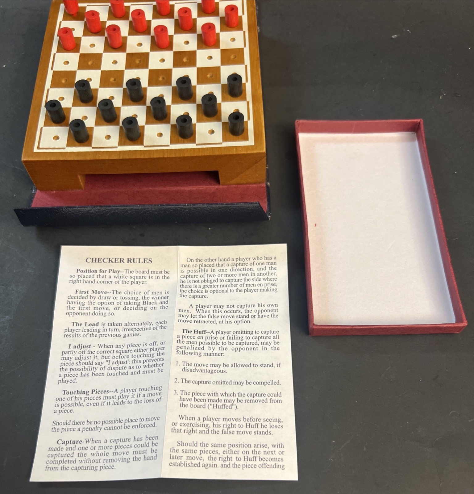 Vintage DRUEKE Portable Checkers Travel Set in a Box - Volume 101 w/ Instr Sheet