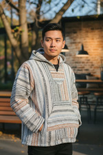 Baja Joe Hoodie Mens XL White Striped Baja Kangaroo Pocket Drug Rug Cozycore