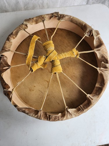 Handmade Native American Hand Drum Painted Medicine Wheel Design with Beater
