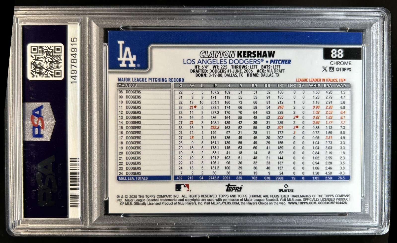 2025 Topps Chrome Sapphire Clayton Kershaw Gold Refractor #/50 Dodgers PSA 10 view 2