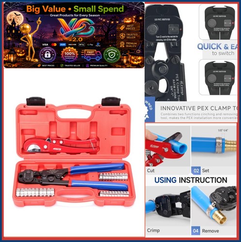 PEX Crimping Tool Kit 3/8 to 1 Inch 2-in-1 Cinch and Remove Cutter 30 Clamps