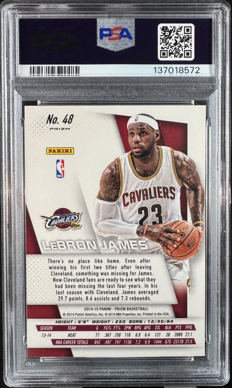 LeBron James 2014 Panini Prizm #48 *Yellow & Red Mosaic* Cavaliers Clean PSA 9 view 2