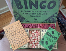 Vintage Milton Bradley Bingo Set No. 4148 Wood Embossed Numbers Green Box 1930's